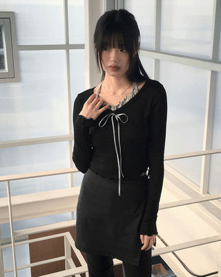 Chilling Ballet Core Shirring Ribbon Wave Sleeveless Integrated Long Sleeve T-Shirt