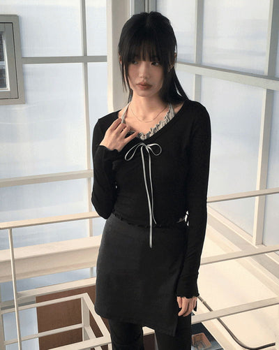 Chilling Ballet Core Shirring Ribbon Wave Sleeveless Integrated Long Sleeve T-Shirt