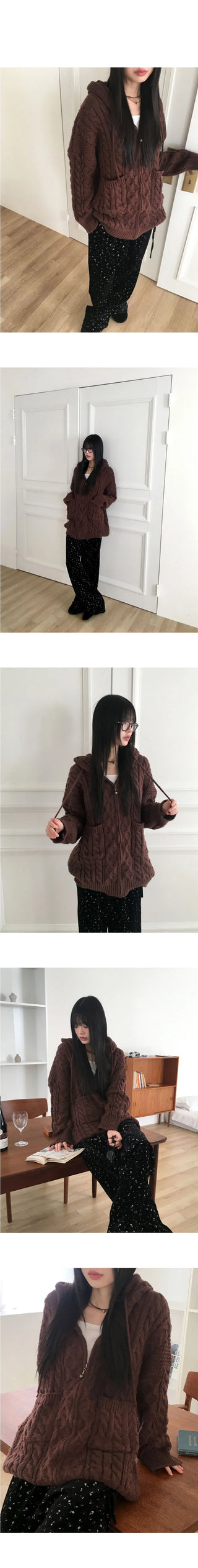 Hika Boxy Twisted Hooded One- Dress Knitwear Zip-up