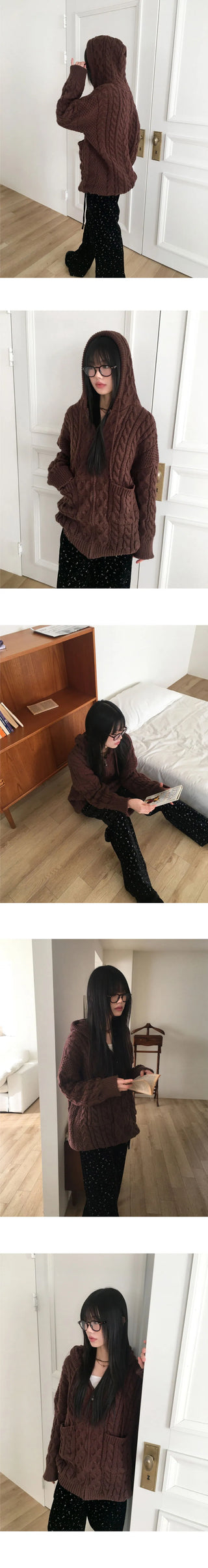 Hika Boxy Twisted Hooded One- Dress Knitwear Zip-up