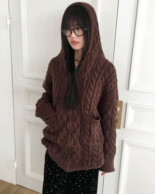 Hika Boxy Twisted Hooded One- Dress Knitwear Zip-up