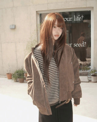 Doa Suede Lining Fur Half-Neck Zip-Up Jacket