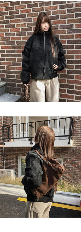 Doa Suede Lining Fur Half-Neck Zip-Up Jacket