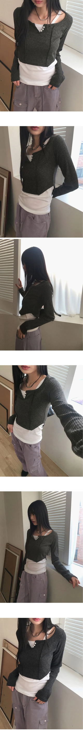 B-button Ribbed Split crop long-sleeved T-shirt