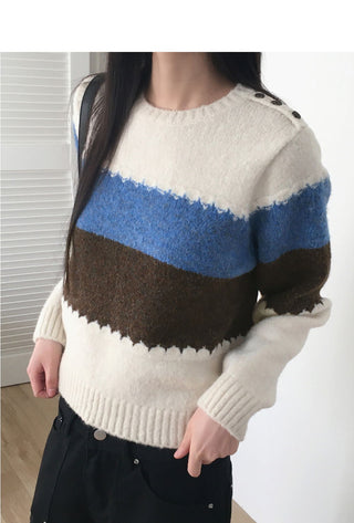 Moor Wool Striped Color Scheme Button Round Long Sleeve Knitwear