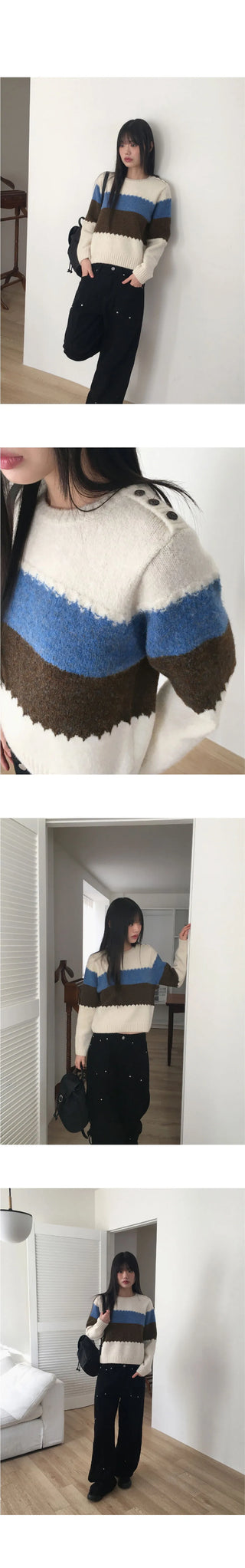 Moor Wool Striped Color Scheme Button Round Long Sleeve Knitwear