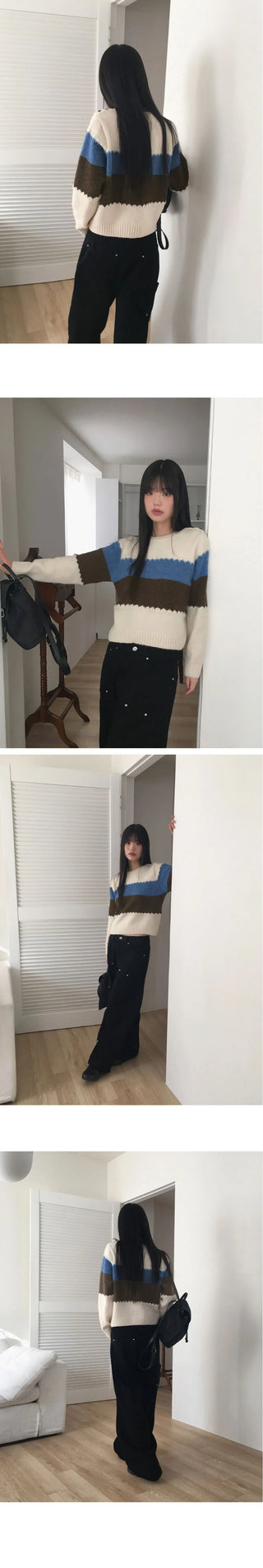 Moor Wool Striped Color Scheme Button Round Long Sleeve Knitwear