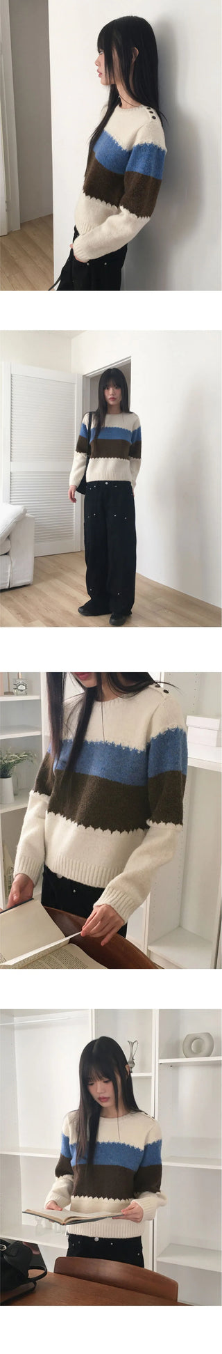 Moor Wool Striped Color Scheme Button Round Long Sleeve Knitwear