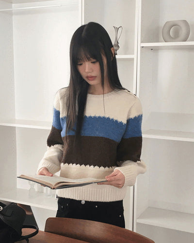 Moor Wool Striped Color Scheme Button Round Long Sleeve Knitwear