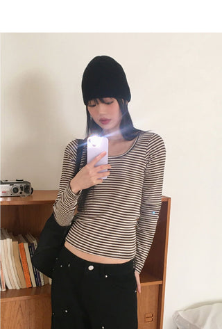 Liren Striped Slim Fit Round Crop Long Sleeve T-Shirt