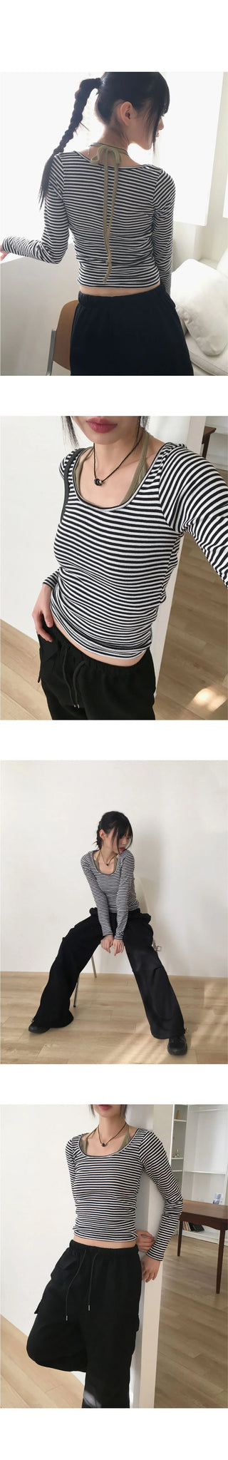Liren Striped Slim Fit Round Crop Long Sleeve T-Shirt