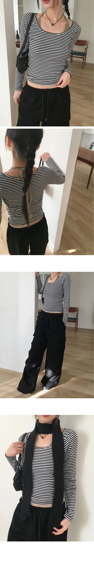 Liren Striped Slim Fit Round Crop Long Sleeve T-Shirt