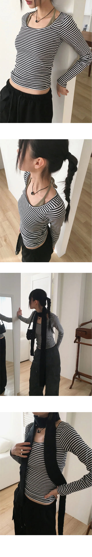 Liren Striped Slim Fit Round Crop Long Sleeve T-Shirt