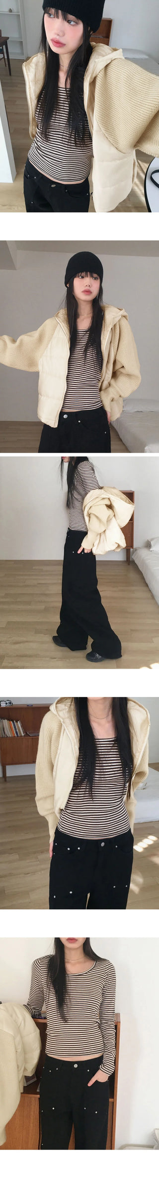 Liren Striped Slim Fit Round Crop Long Sleeve T-Shirt