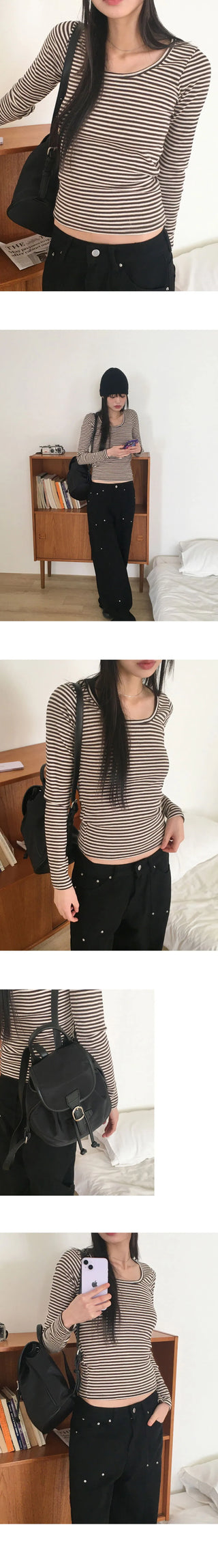 Liren Striped Slim Fit Round Crop Long Sleeve T-Shirt