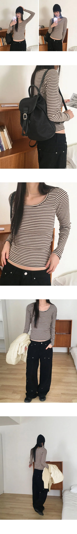 Liren Striped Slim Fit Round Crop Long Sleeve T-Shirt