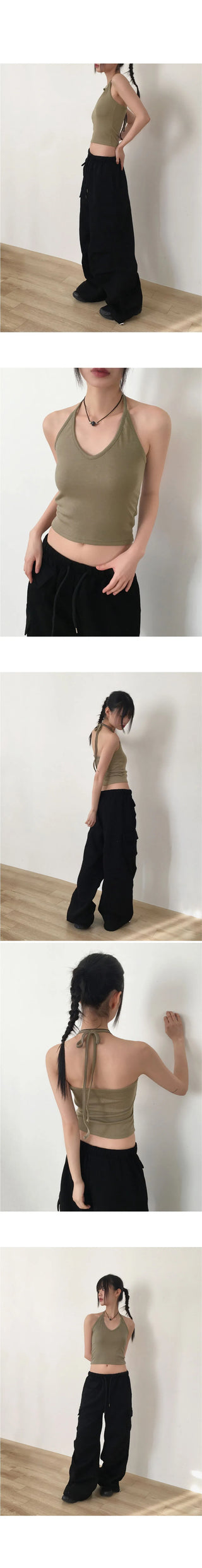 Tucky Ribbon Strap Halter Sleeveless
