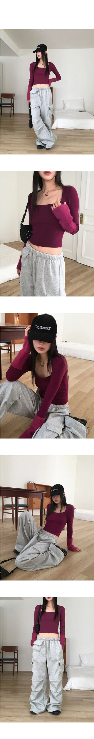 Leman Angora Fur Color Scheme Square Neck Knitwear