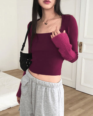 Leman Angora Fur Color Scheme Square Neck Knitwear