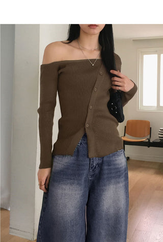 Medic Uncut One Shoulder Slit Diagonal Button Long Sleeve Knitwear