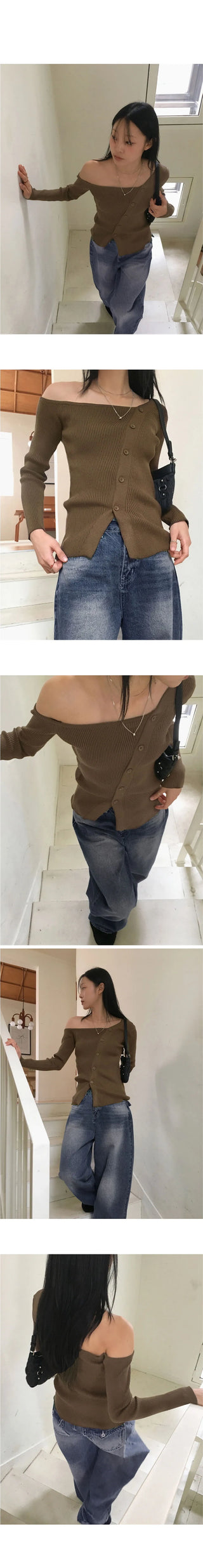 Medic Uncut One Shoulder Slit Diagonal Button Long Sleeve Knitwear