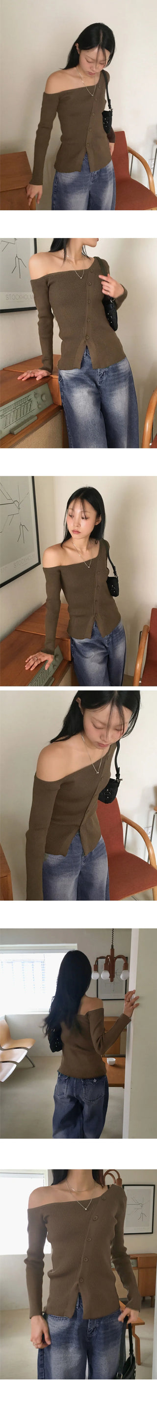 Medic Uncut One Shoulder Slit Diagonal Button Long Sleeve Knitwear