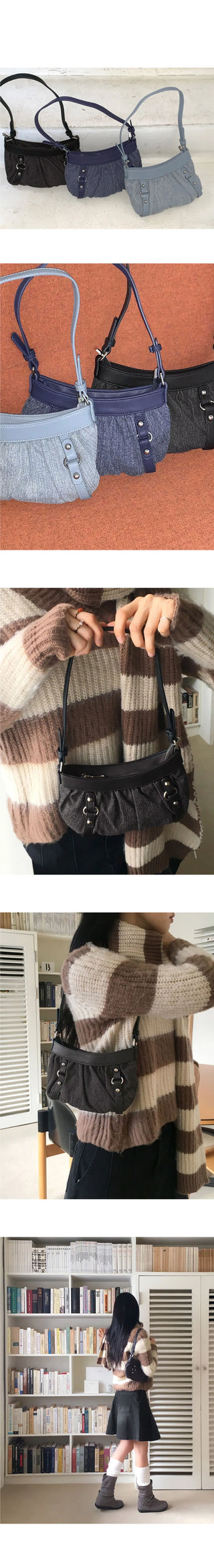 Shackle Y2K Denim Buckle Shirring Mini Shoulder Bag