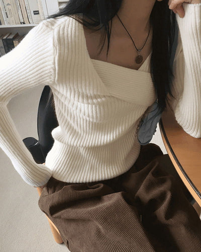 Lowville Twist Wrap V-Neck Ribbed Long Sleeve Knitwear