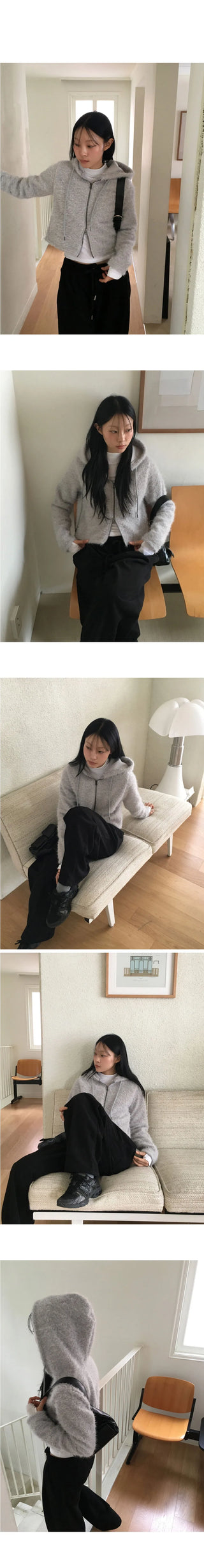 Anco mohair angora two-way hooded zip-up cardigan