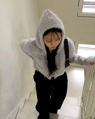 Anco mohair angora two-way hooded zip-up cardigan