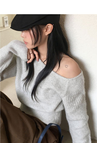 Nije Wool One Off Shoulder Crop Long Sleeve Knitwear