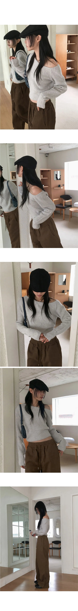 Nije Wool One Off Shoulder Crop Long Sleeve Knitwear