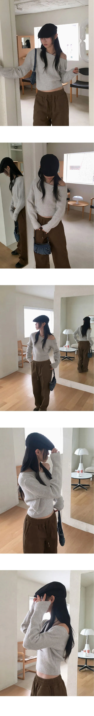 Nije Wool One Off Shoulder Crop Long Sleeve Knitwear