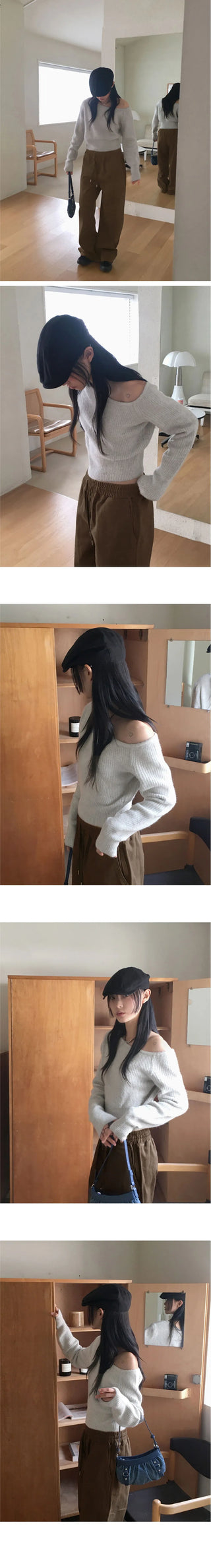 Nije Wool One Off Shoulder Crop Long Sleeve Knitwear