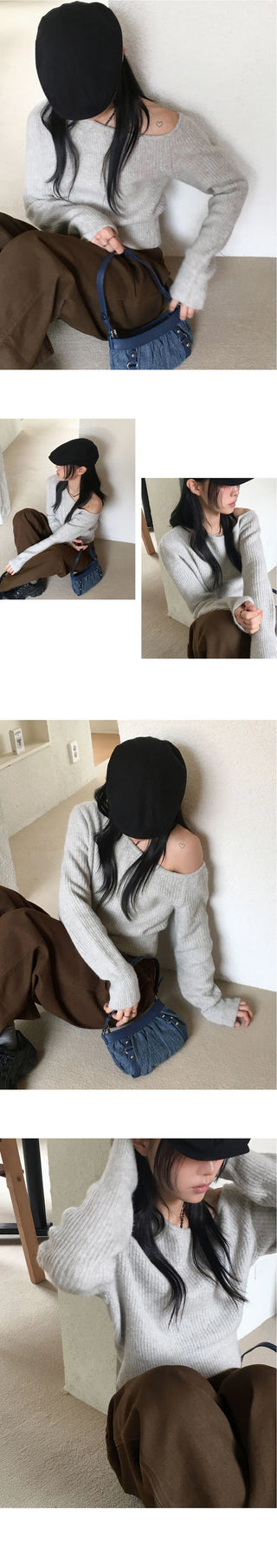 Nije Wool One Off Shoulder Crop Long Sleeve Knitwear