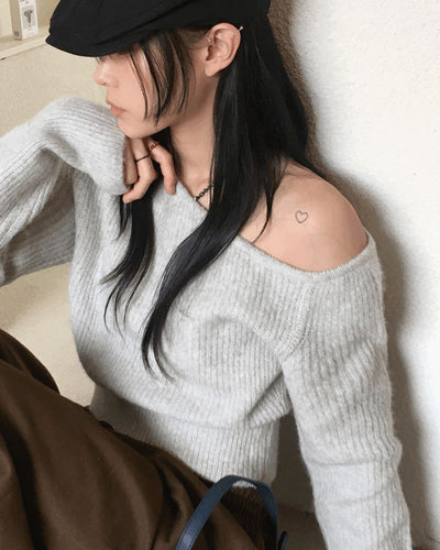 Nije Wool One Off Shoulder Crop Long Sleeve Knitwear