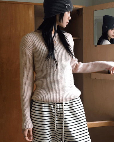 Real Wool Mute Alpaca Ribbed Long Sleeve Knitwear