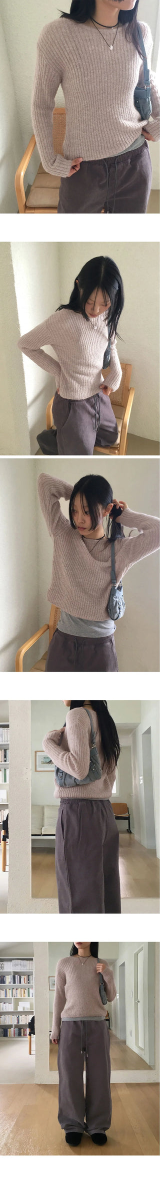 Real Wool Mute Alpaca Ribbed Long Sleeve Knitwear