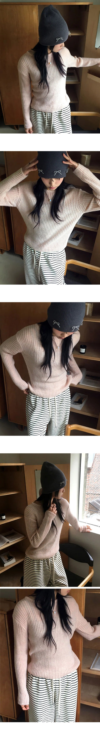 Real Wool Mute Alpaca Ribbed Long Sleeve Knitwear