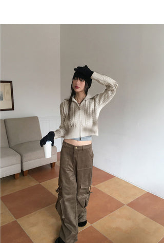 Jlee Y2K Faded Suede Cargo Back Banding Long Wide Pants
