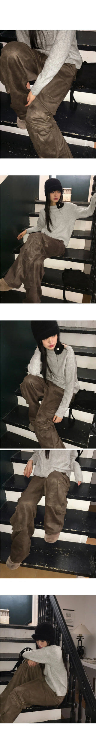 Jlee Y2K Faded Suede Cargo Back Banding Long Wide Pants