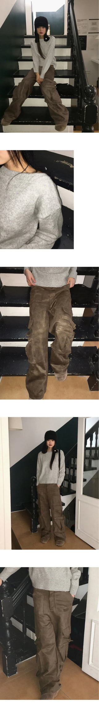 Jlee Y2K Faded Suede Cargo Back Banding Long Wide Pants