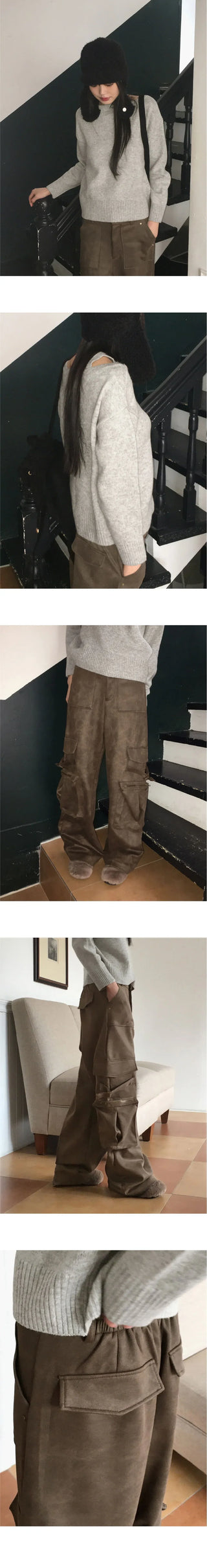 Jlee Y2K Faded Suede Cargo Back Banding Long Wide Pants
