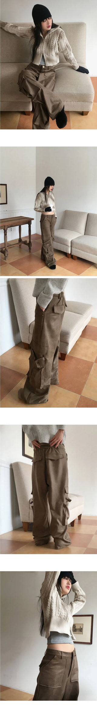 Jlee Y2K Faded Suede Cargo Back Banding Long Wide Pants