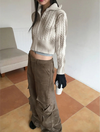 Jlee Y2K Faded Suede Cargo Back Banding Long Wide Pants
