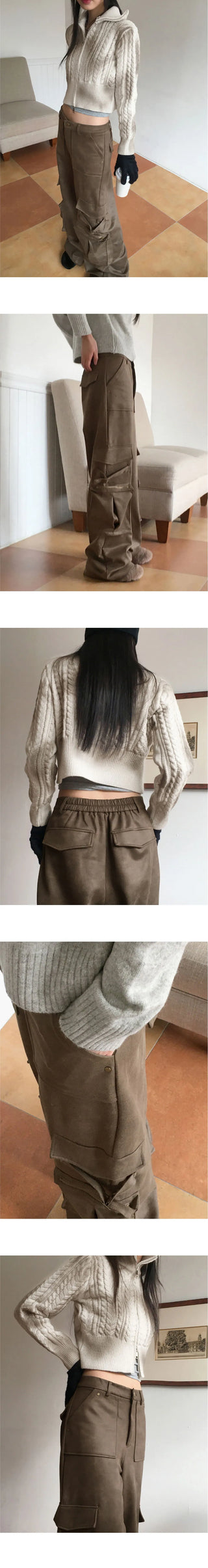 Jlee Y2K Faded Suede Cargo Back Banding Long Wide Pants