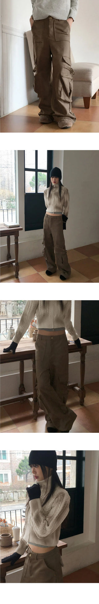 Jlee Y2K Faded Suede Cargo Back Banding Long Wide Pants
