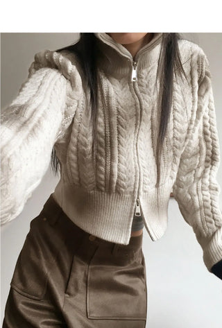 Duel Faded Twisted Two Way High Neck Crop Long Sleeve Knitwear Zip Up