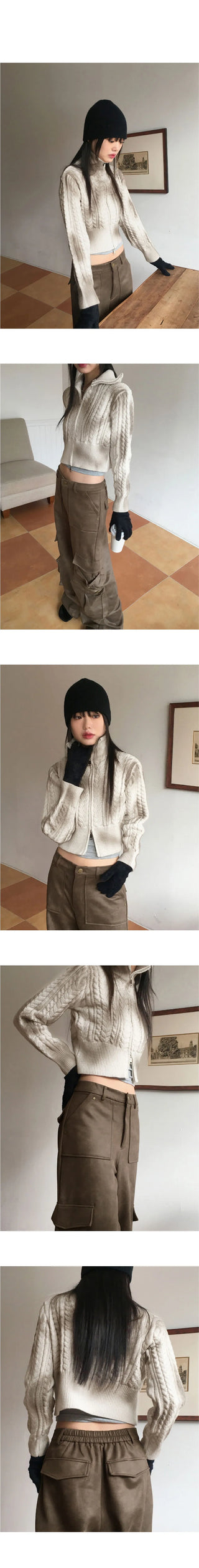 Duel Faded Twisted Two Way High Neck Crop Long Sleeve Knitwear Zip Up