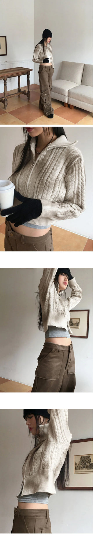Duel Faded Twisted Two Way High Neck Crop Long Sleeve Knitwear Zip Up